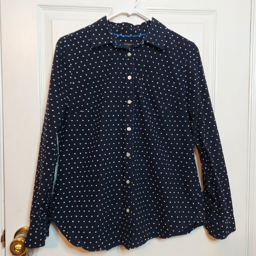 Talbots Navy Blue White Swiss Polka Dot Long Sleeve Button Up Preppy Size 10
